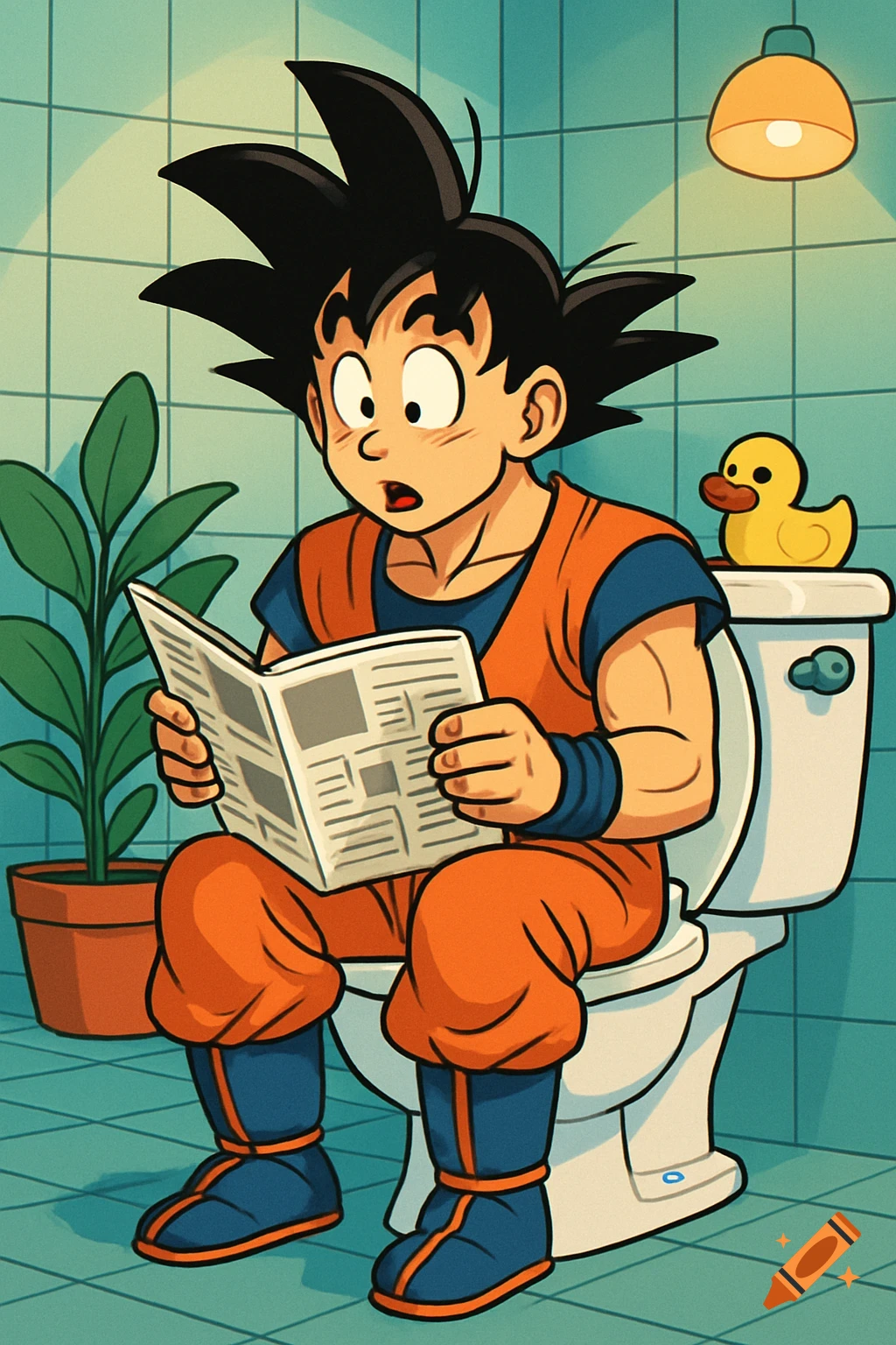 Goku sits on a toilet, pants around his knees, reading a newspaper with a rubber duck on the tank in a cartoon style.