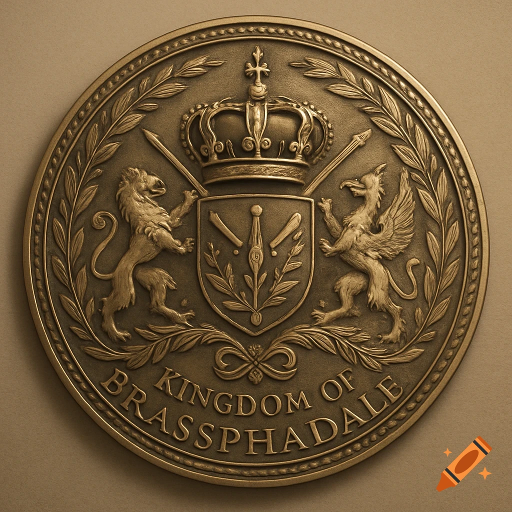 A circular brass crest featuring a crown, a shield, a lion, a griffin, and the text 'Kingdom of Brassphadale'.