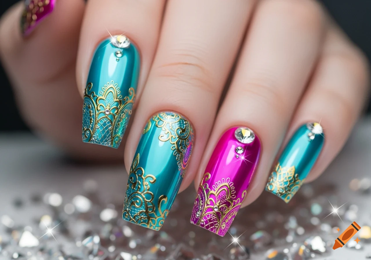 Close-up of a hand with metallic teal and magenta nails featuring gold filigree patterns and clear rhinestones, with sparkling loose gems.