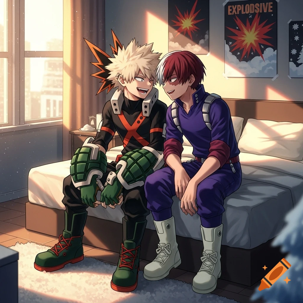 Anime characters Bakugo and Todoroki from My Hero Academia sit on a bed in a sunlit room, smiling and laughing together.