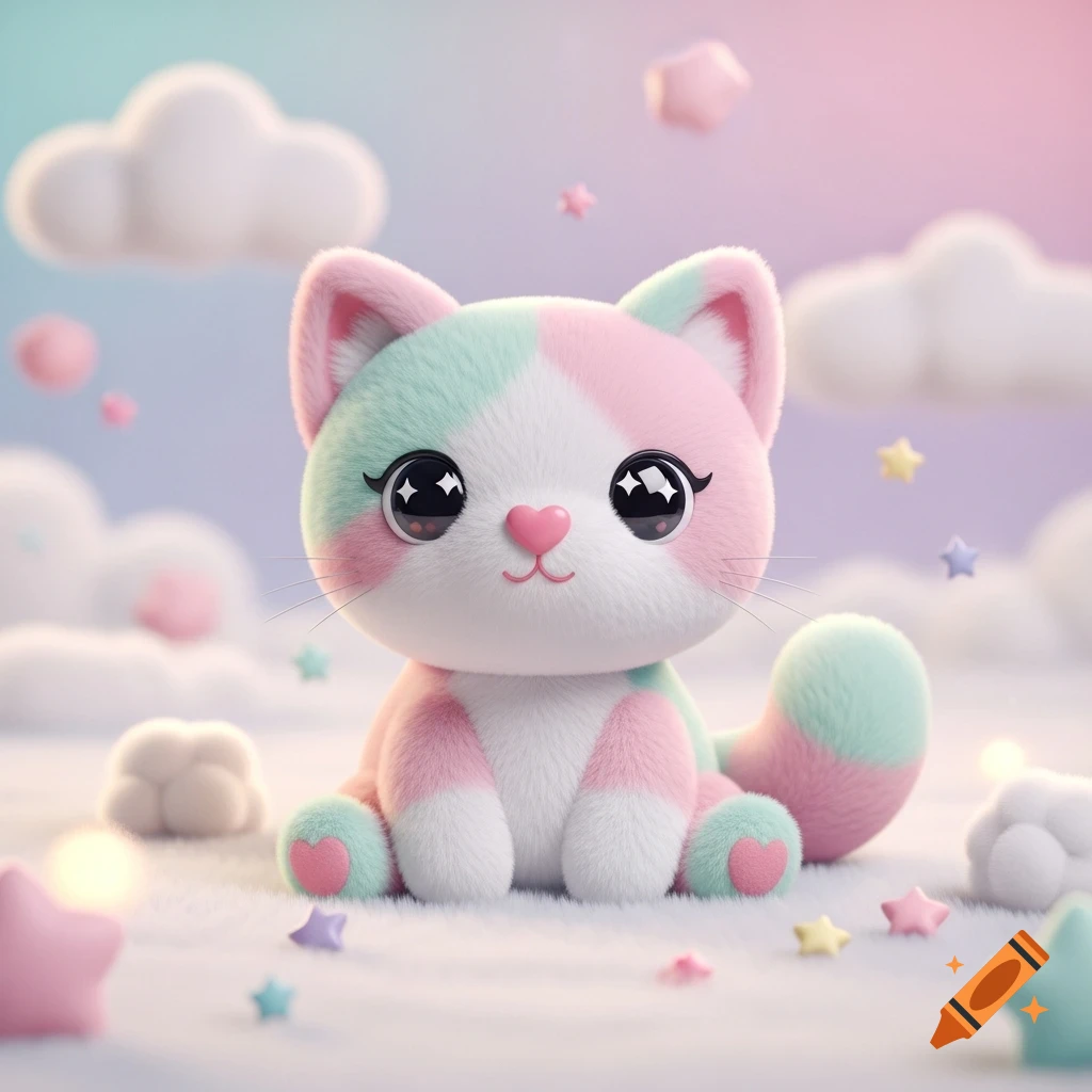 A fluffy, pastel pink and mint green kawaii cat with big sparkling eyes sits among soft white clouds and colorful stars on a fluffy ground.