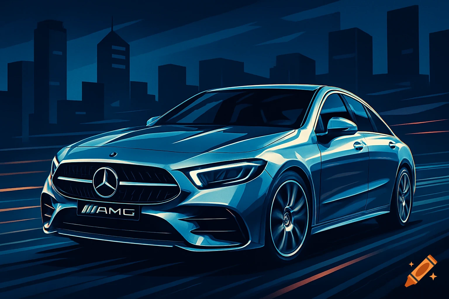 A sleek blue Mercedes AMG car in a dynamic vector art style, driving against a dark cityscape background.