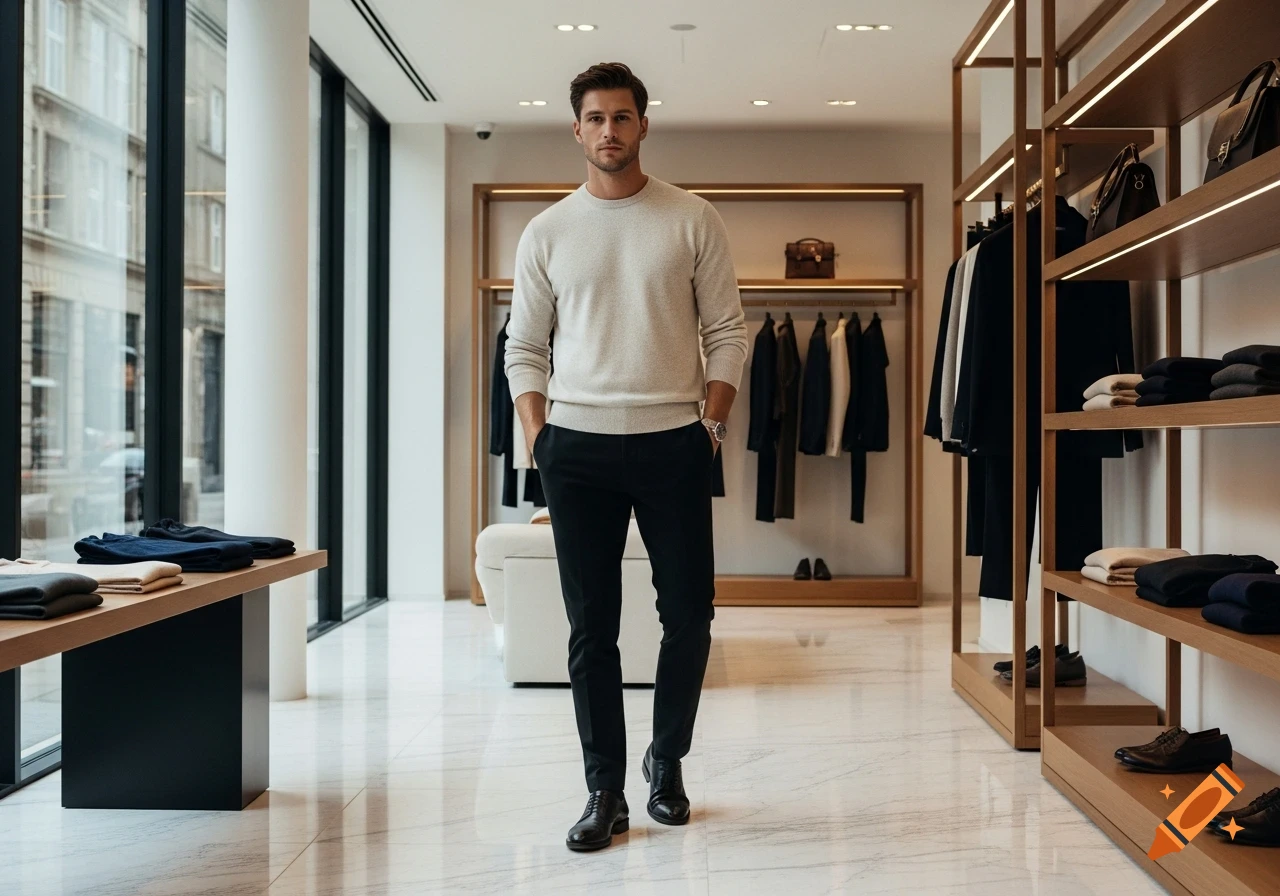A man in a creamy sweater and black chinos stands in a modern European clothing store.
