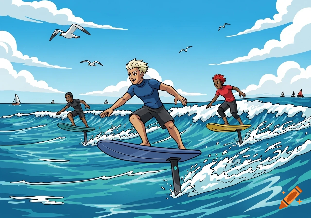 Three cartoon men e-foiling on choppy blue ocean waves under a bright sky with clouds and seagulls.