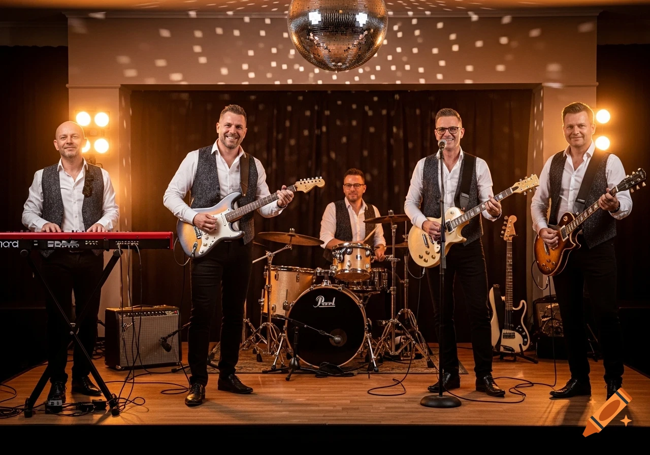 A photorealistic image of a five-member band performing on a stage under a disco ball and warm lighting.