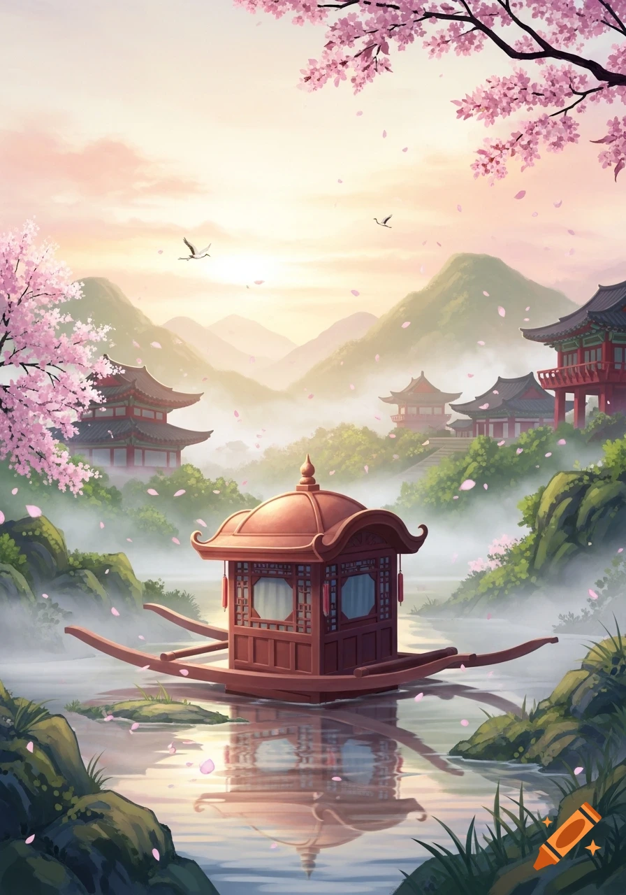 A serene stylized landscape with a traditional Asian boat on water, surrounded by temples, mountains, and cherry blossoms at sunset.