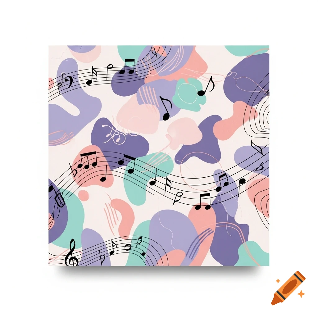 Abstract pastel pattern featuring musical notes and flowing staffs.