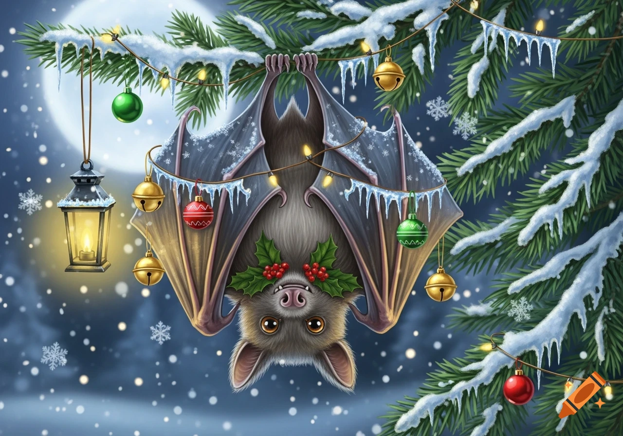 A cute cartoon bat hangs upside down from a snowy pine branch, adorned with Christmas lights, ornaments, and holly.
