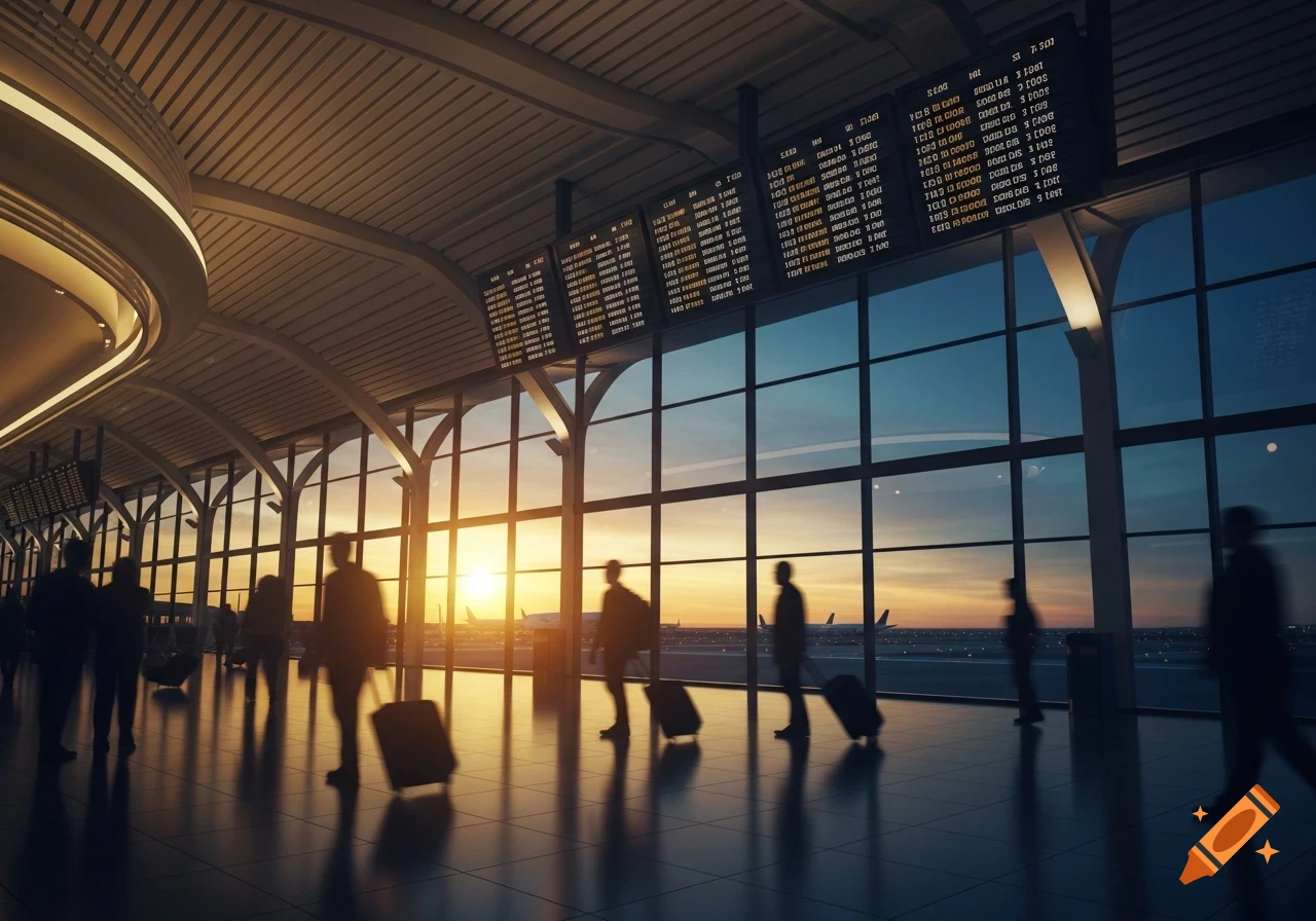 An airport terminal at sunset, with silhouetted travelers pulling luggage past large windows overlooking the tarmac and airplanes.