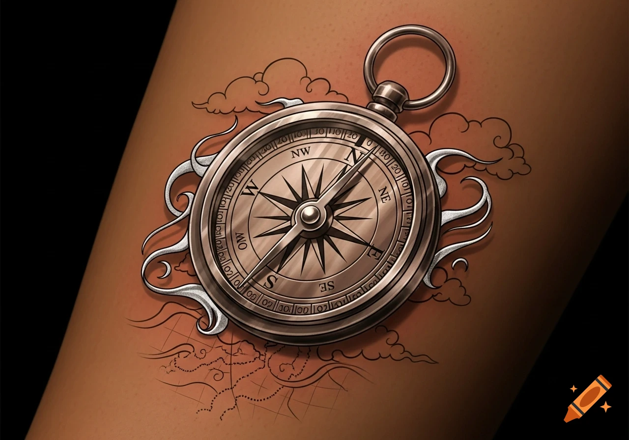 A detailed compass tattoo with ornate swirls and subtle map lines on a person's arm.