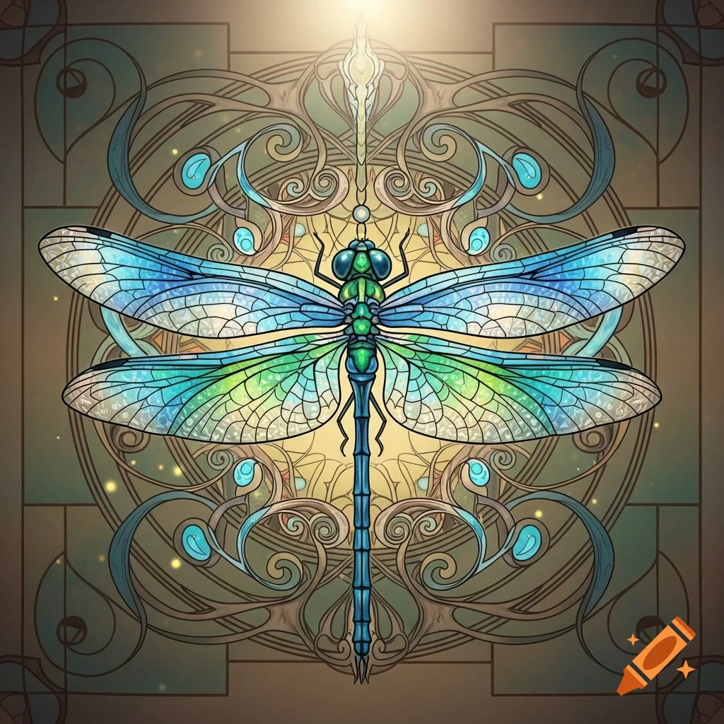 A vibrant blue and green dragonfly with translucent wings, centered against an intricate symmetrical art nouveau background.