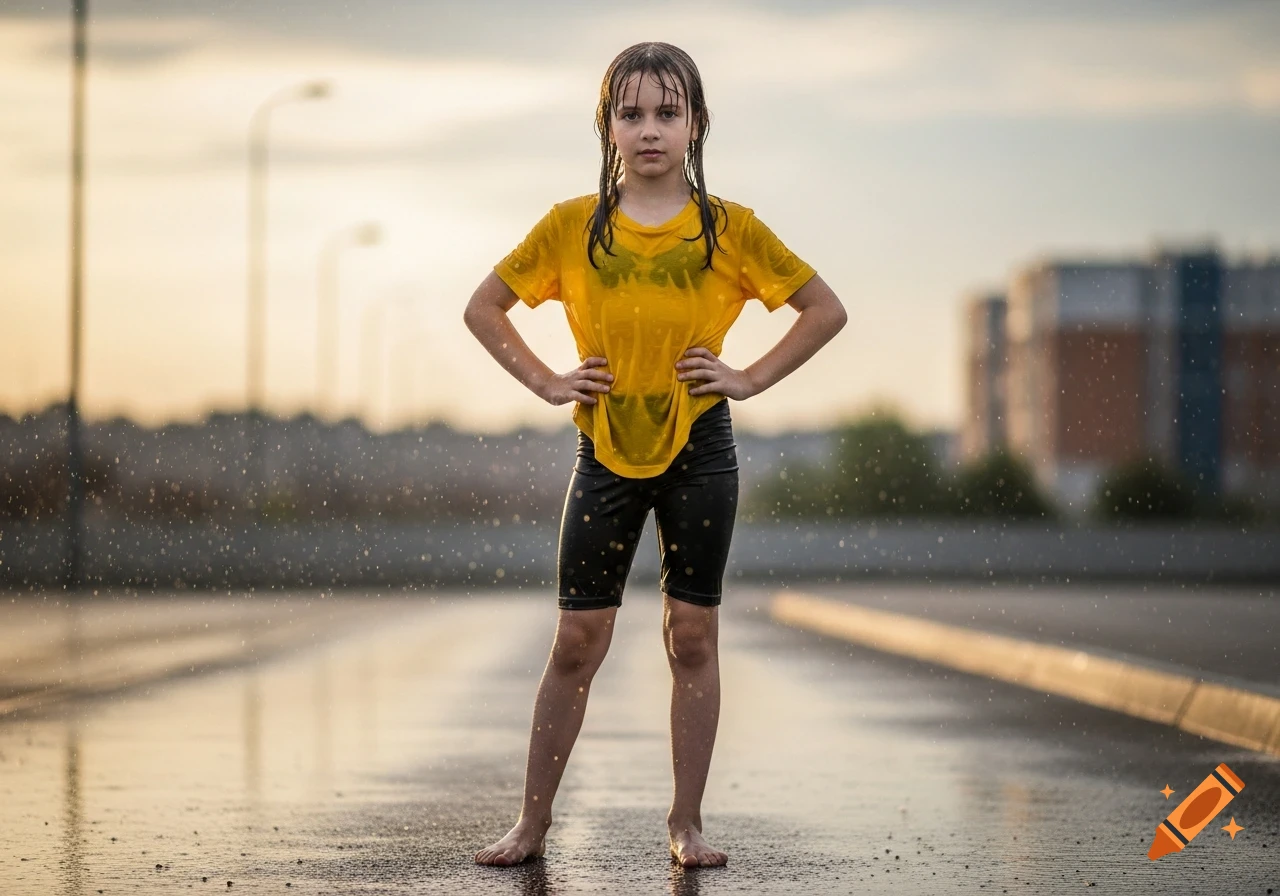 A young girl with wet hair and clothes stands barefoot in the rain on a street, hands on hips, looking at the camera.