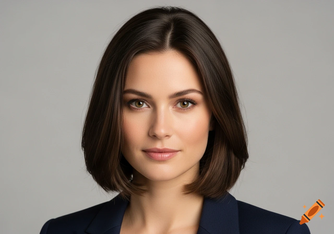 A photorealistic portrait of a woman with short brown hair and hazel ...