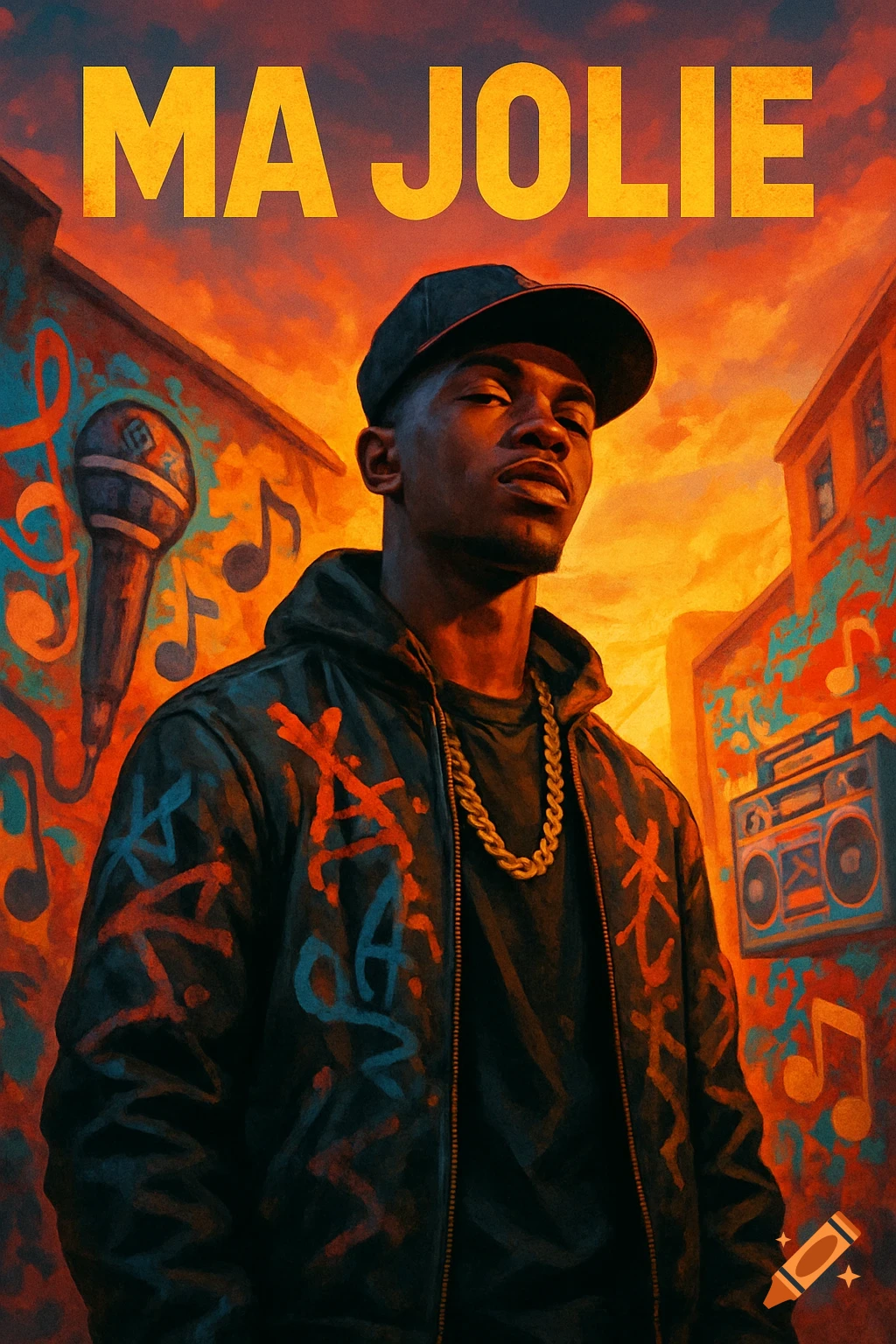 Confident Black man in a cap and gold chain, against an urban art background with music notes, a microphone, and a boombox. Text reads 'MA JOLIE'.