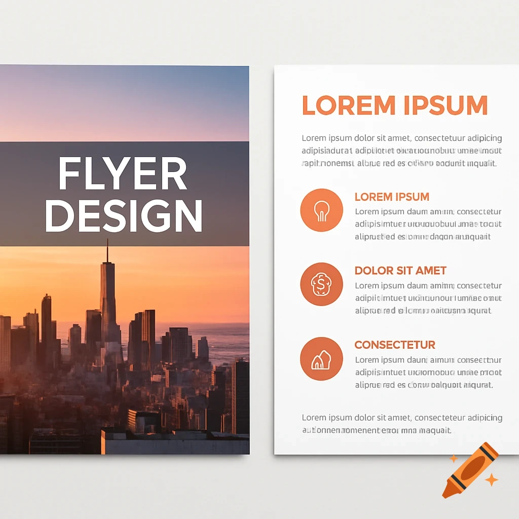A two-panel flyer design featuring a city skyline at sunset on the left and placeholder text with icons on the right.