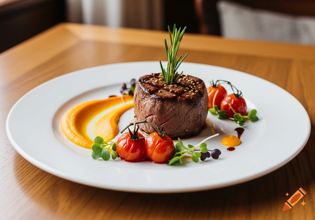 Photorealistic image of a filet mignon steak garnished with rosemary, cherry tomatoes, and orange puree on a white plate.