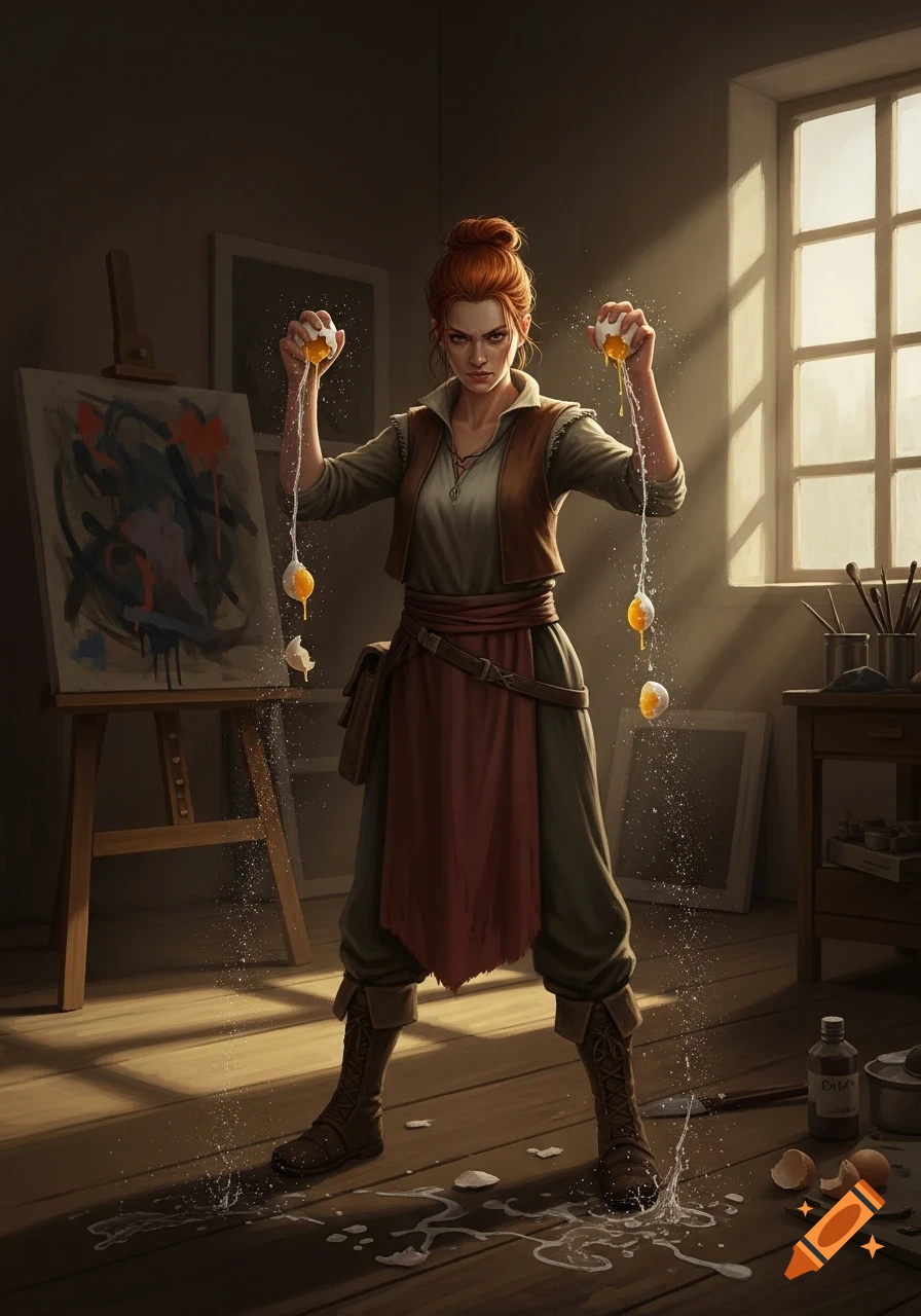 A red-haired woman with a determined expression cracks eggs in her hands in a sunlit art studio, egg liquid splattering on the wooden floor.