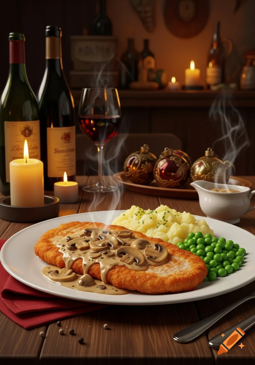 A plate of Jägerschnitzel with mushroom sauce, mashed potatoes, and peas on a candlelit wooden table with wine and Christmas ornaments.
