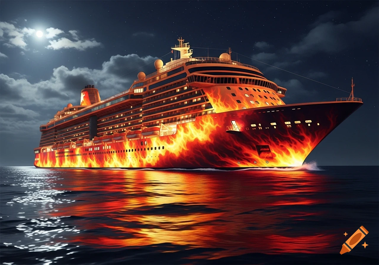 A large cruise ship engulfed in flames sails at night on the ocean under a full moon.