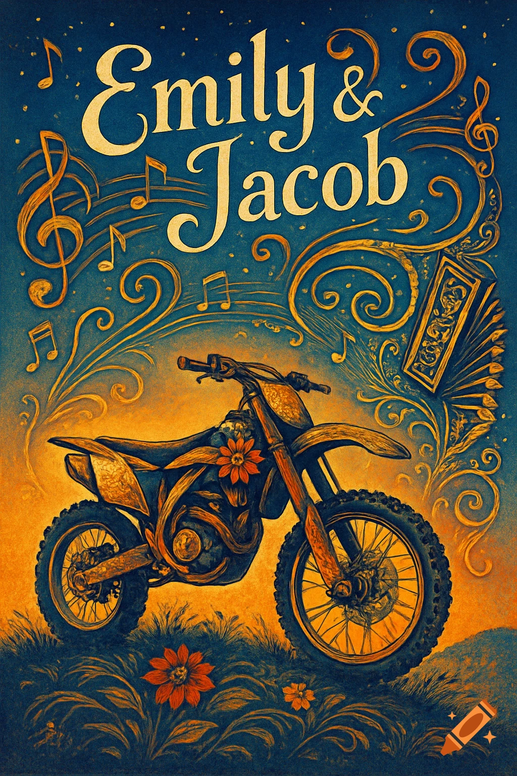 A stylized illustration featuring a dirt bike, musical notes, an accordion, and the names 'Emily & Jacob' on a blue and orange background.