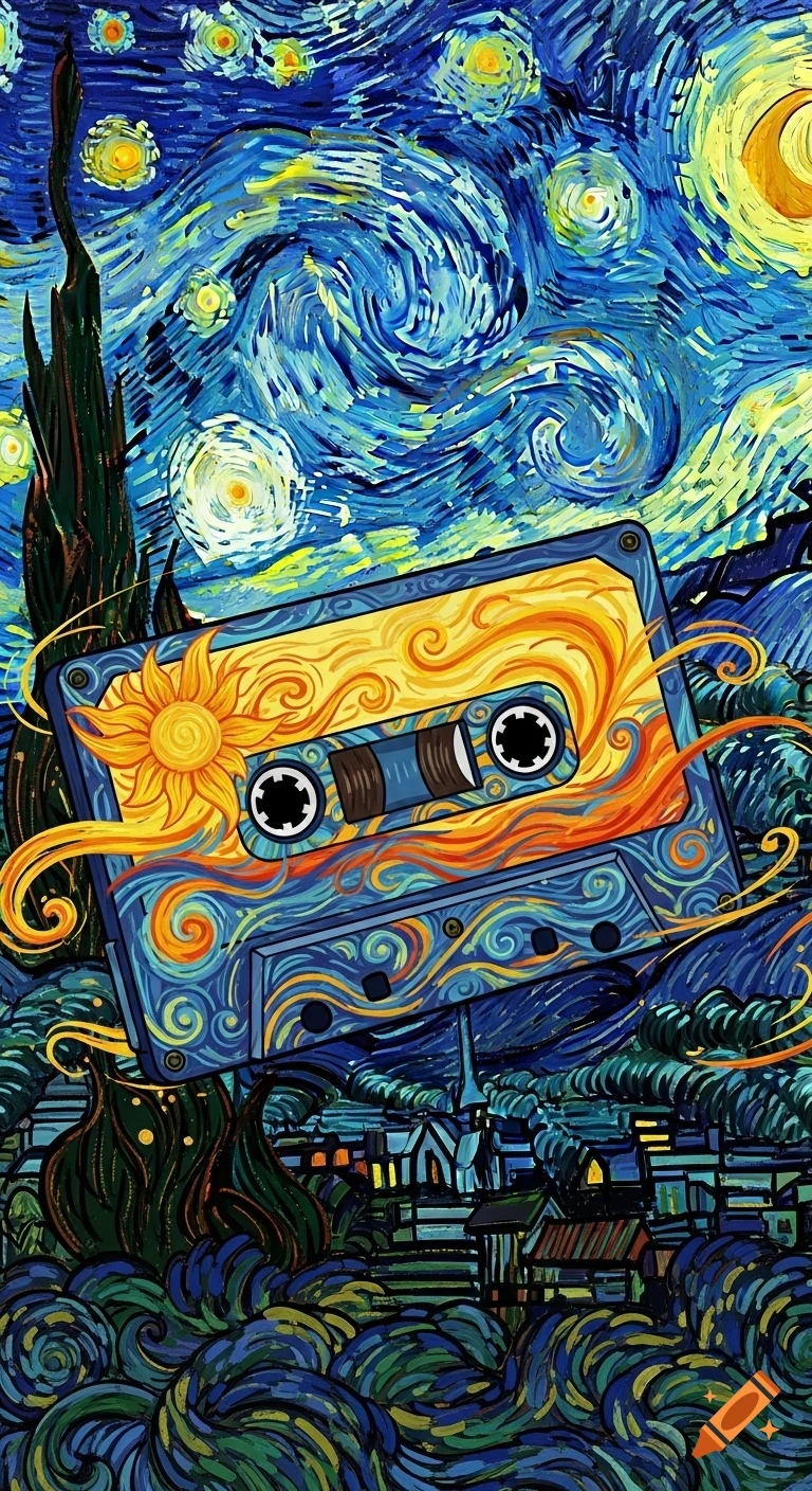 A cassette tape styled like Van Gogh's Starry Night, floating over a stylized landscape with a cypress and village.