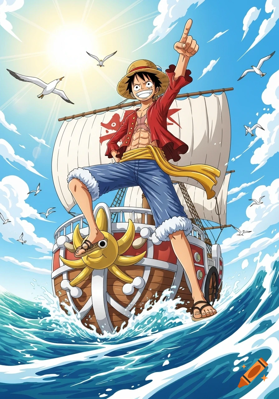 Monkey D. Luffy from One Piece stands heroically on the Thousand Sunny ship, sailing through blue waves under a sunny sky, pointing upward. Anime style.