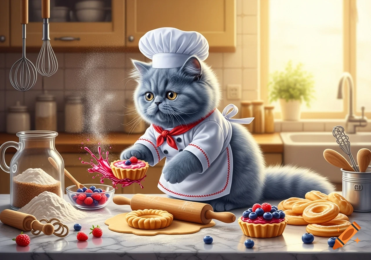 A cute blue Persian cat dressed as a chef, baking berry tarts and pastries in a sunlit kitchen.