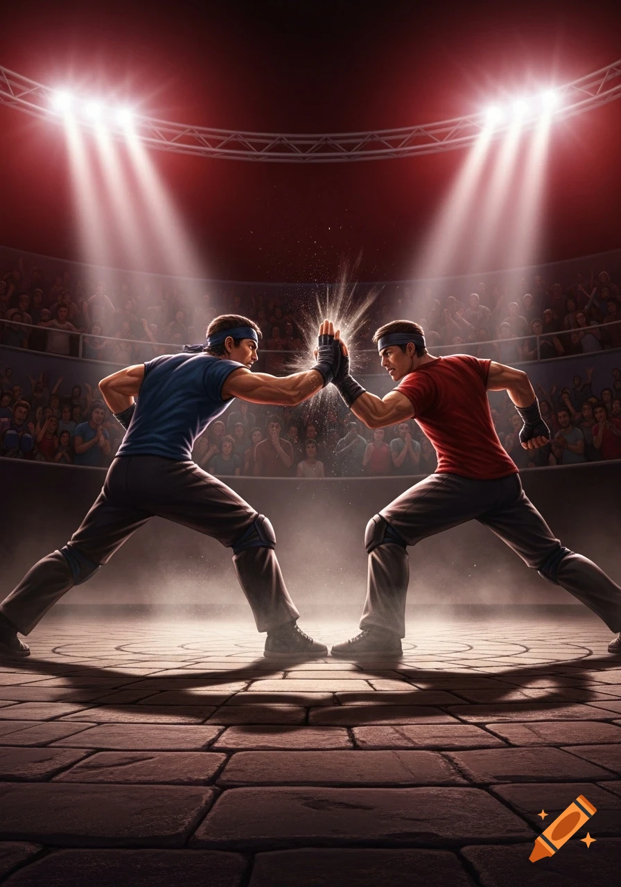 Two men high-fiving intensely in a spotlighted fighting arena with a cheering crowd, in an illustrated style.