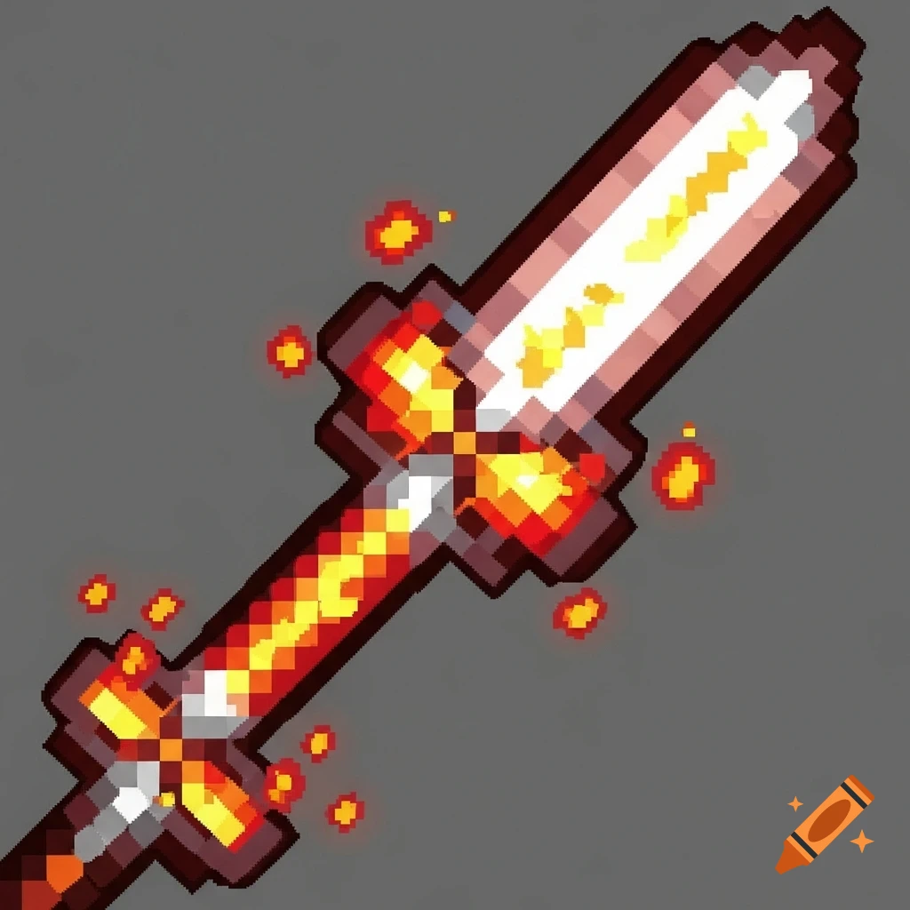Pixel art fiery sword with a glowing blade and hilt, surrounded by small fire particles, on a solid gray background.