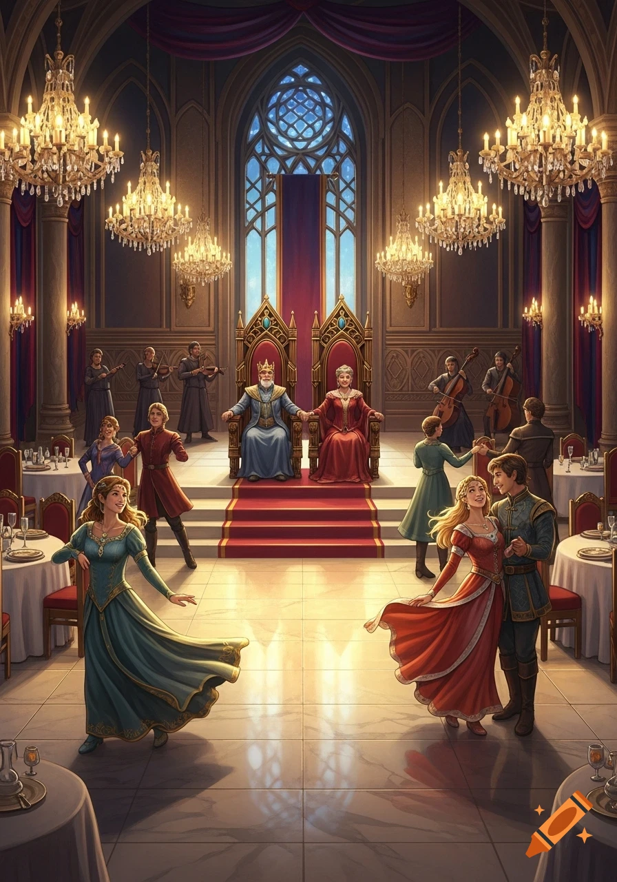 A grand fantasy ballroom with a king and queen on thrones, dancers, and musicians.