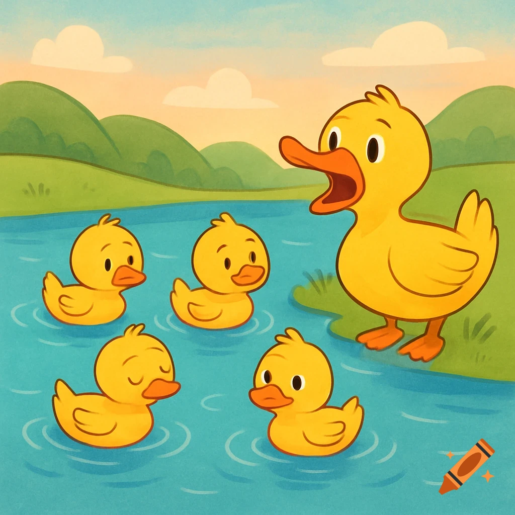 Cartoon mother duck and four ducklings in a pond with green hills under a sunset sky.