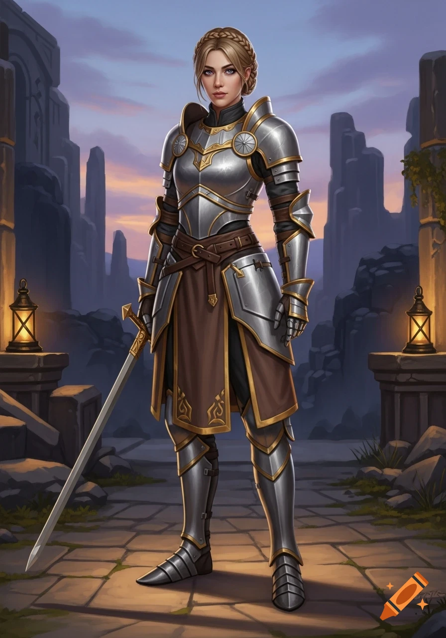 A blonde female paladin in detailed silver and gold armor stands with a sword in ancient ruins at dusk.