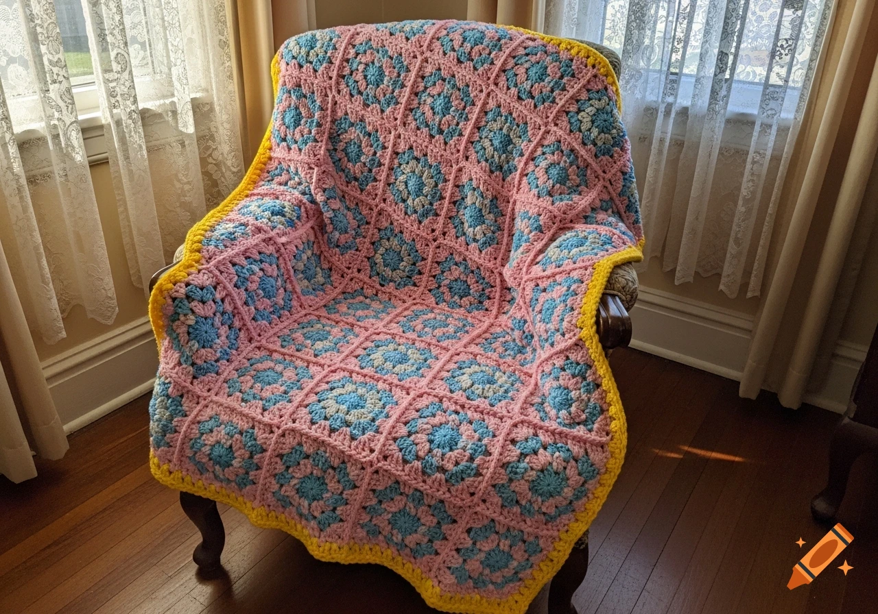 A cozy pink and blue granny square crochet blanket with a yellow border draped over a wooden armchair near a window with lace curtains.