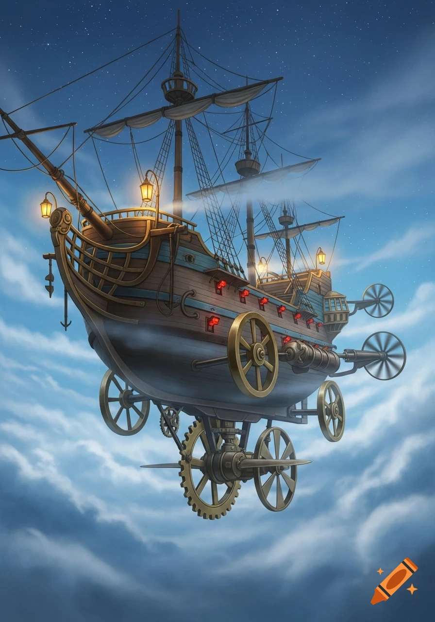 A detailed D&D style drawing of a steampunk flying ship with large gears and propellers, shrouded in mist, sailing through a starry sky with clouds.