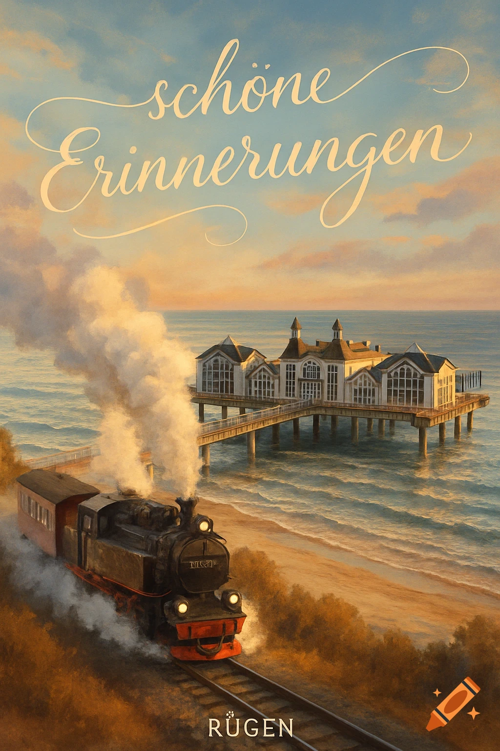 A painterly scene of a steam train on tracks along a beach, next to a pier with a building over the ocean, under text "schöne Erinnerungen" and "RÜGEN".