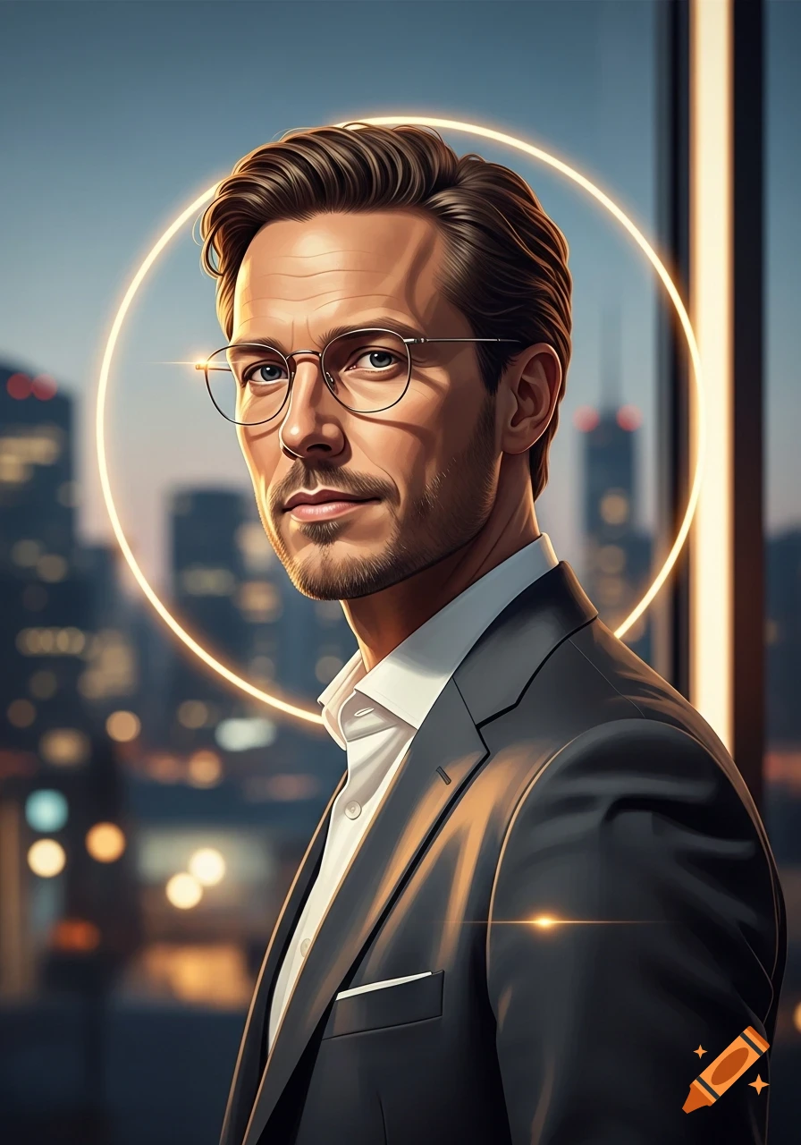 Stylized portrait of a man in a suit and glasses with a glowing halo, looking at the viewer against a blurry city skyline.