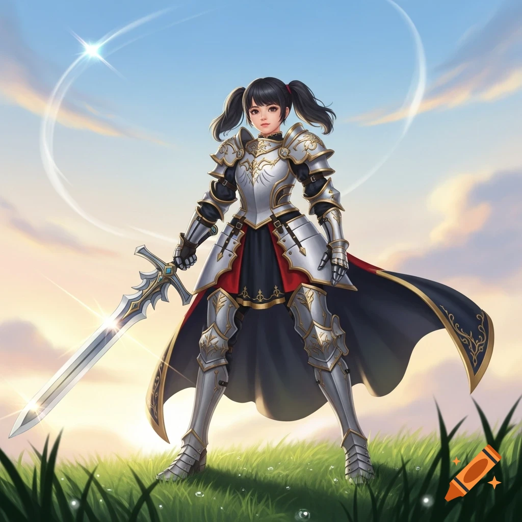 Anime illustration of a girl with pigtails in white, silver, and black knight armor, wielding a greatsword in a grassy field.