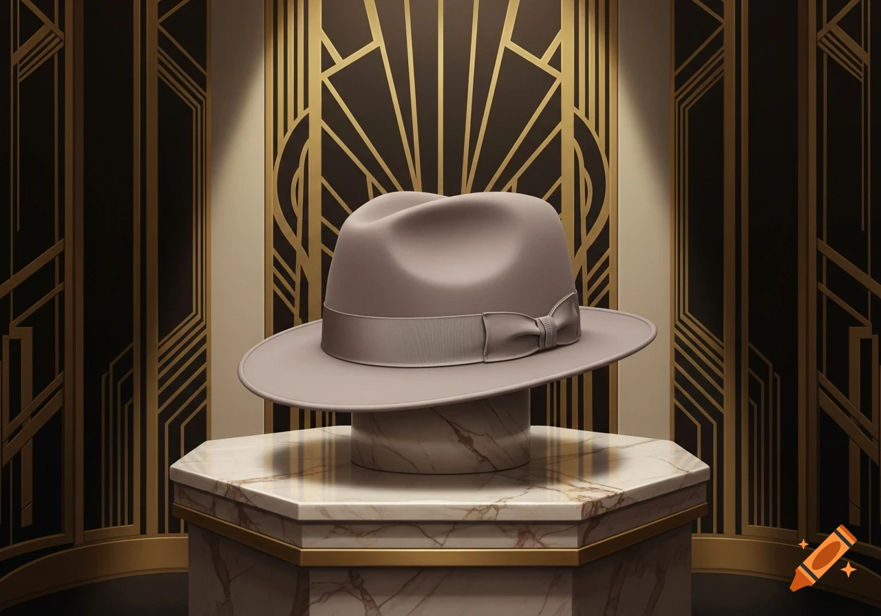 A grey fedora hat with a ribbon band rests on a white marble pedestal with gold trim, set against a black and gold Art Deco background.