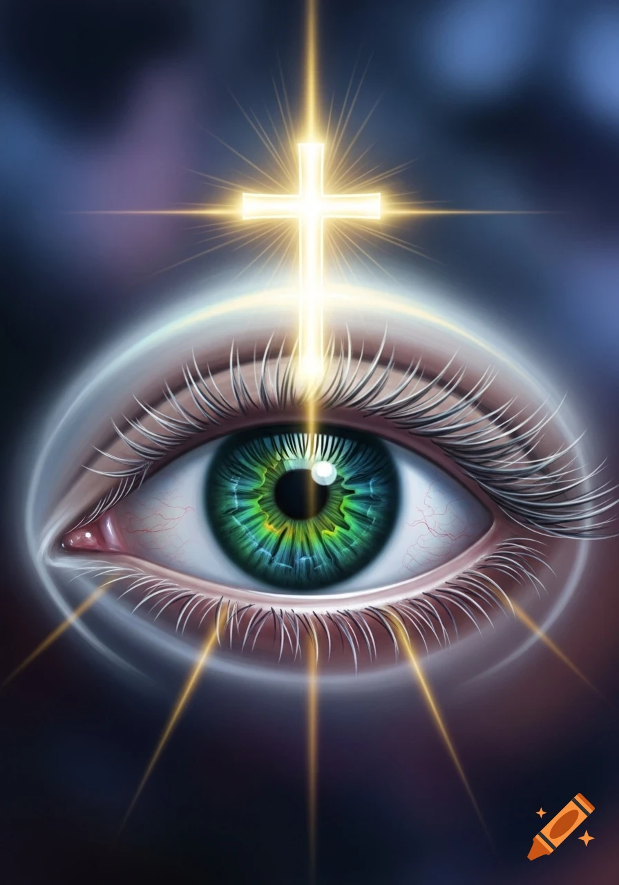 A stylized illustration of a vibrant green and blue eye with a glowing gold cross hovering above it, emitting light rays.