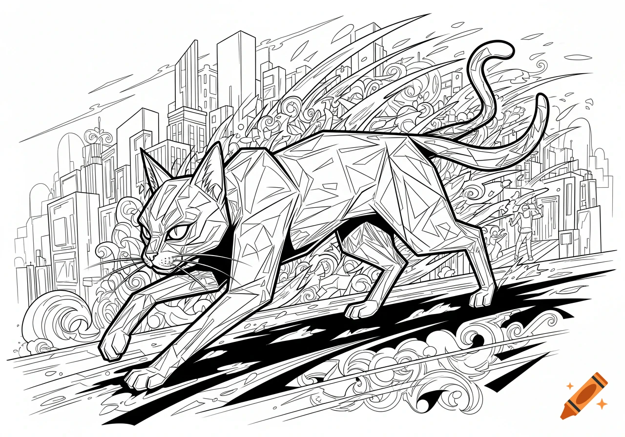 Black and white line art of a geometric cat crouching in a dynamic pose against a stylized cityscape background, ready to color.