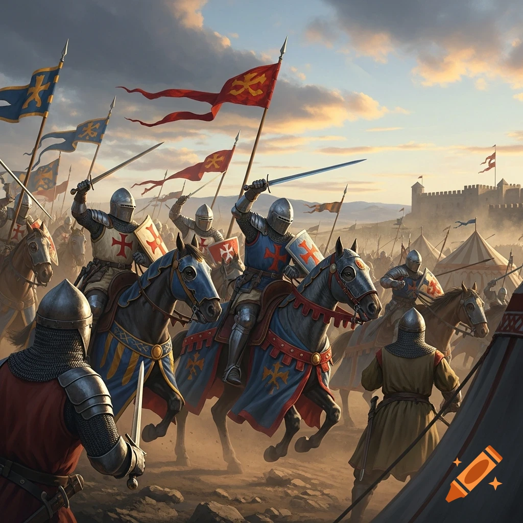 Armored knights on horseback charge across a dusty battlefield, with a castle and camp in the distance, under a cloudy sunset.