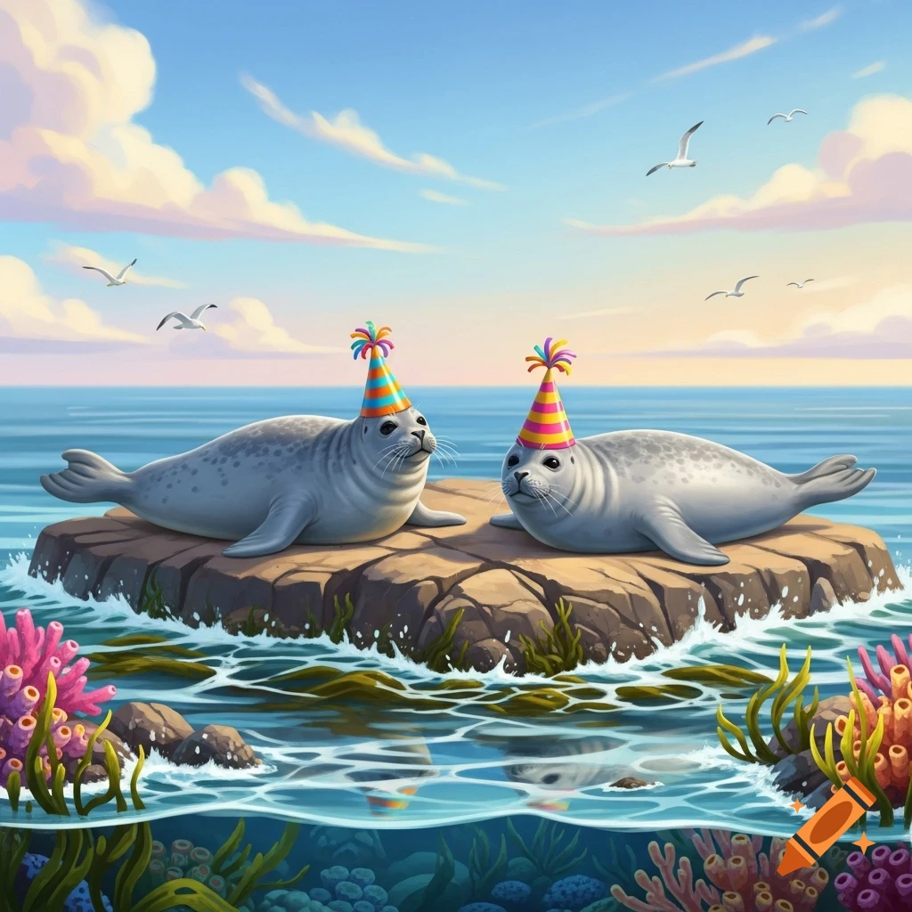 Two adorable seals wearing colorful party hats sit on a rock in the ocean, surrounded by clear water and coral, under a blue sky.