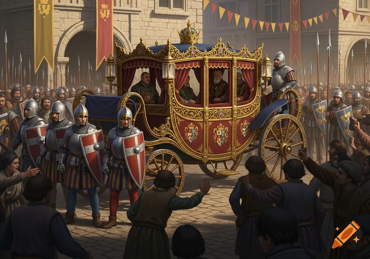 A medieval royal procession featuring an ornate carriage with nobles, armored guards, and a crowd of onlookers on a street.