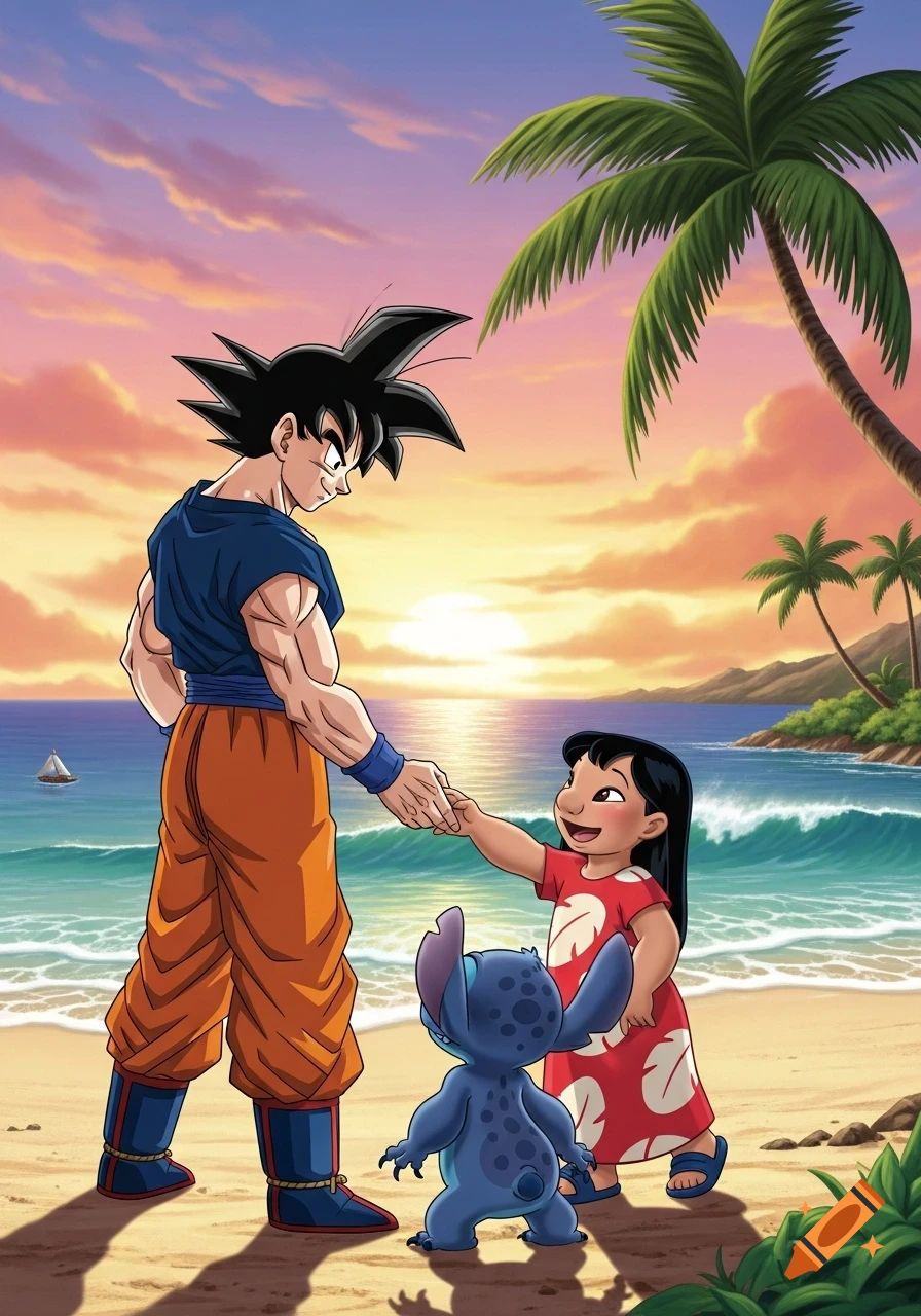 Goku and Lilo hold hands on a tropical beach at sunset, with Stitch standing nearby, in a vibrant cartoon style.