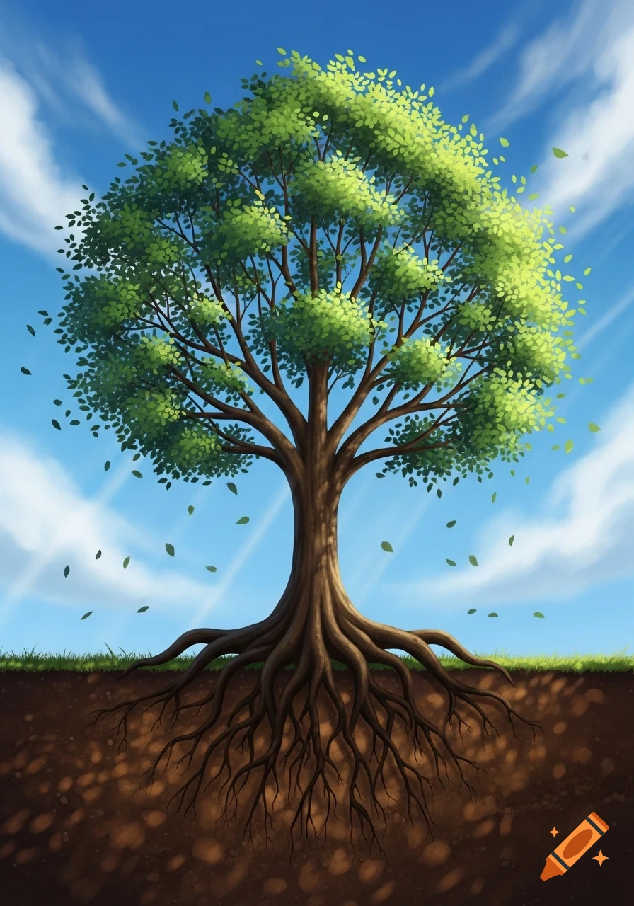 A stylized illustration of a tree with green leaves and visible roots extending into the soil against a bright blue sky.