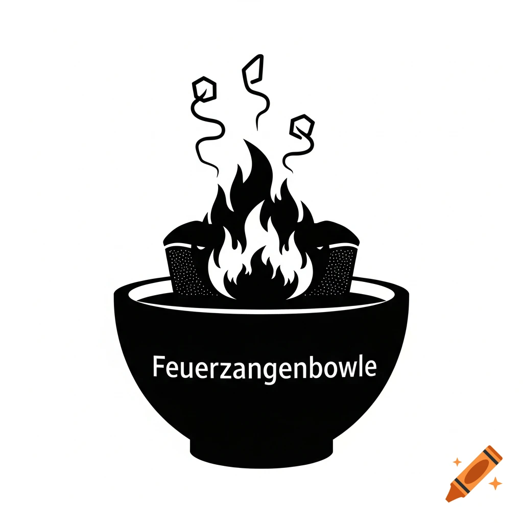 Black and white silhouette logo of a Feuerzangenbowle bowl with flames, melting sugar cubes, and the word 'Feuerzangenbowle' written on it.
