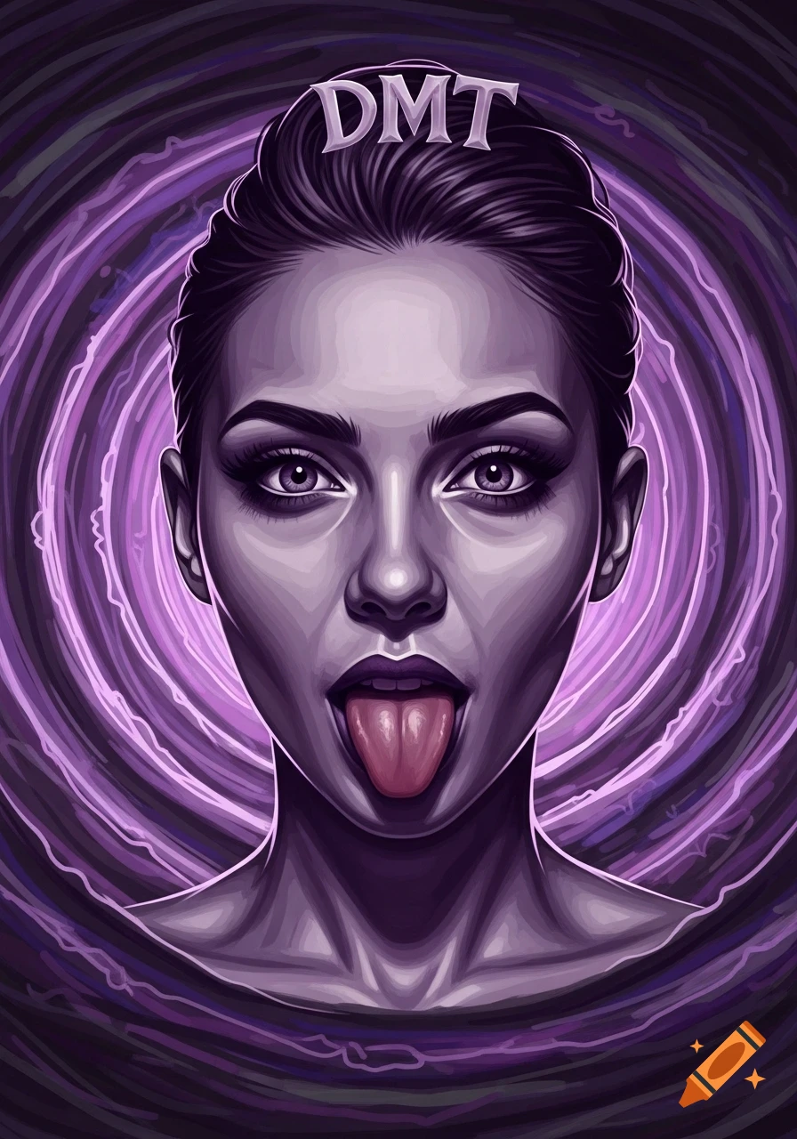 Stylized illustration of a woman's face with her tongue out against a swirling purple background, text 'DMT' above her head.