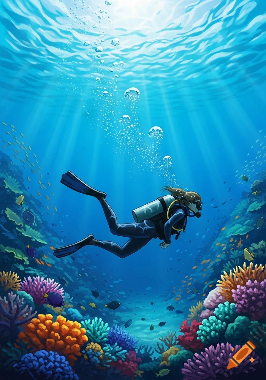 An illustrated woman scuba diving through a vibrant coral reef with fish, bathed in sunlit blue water.