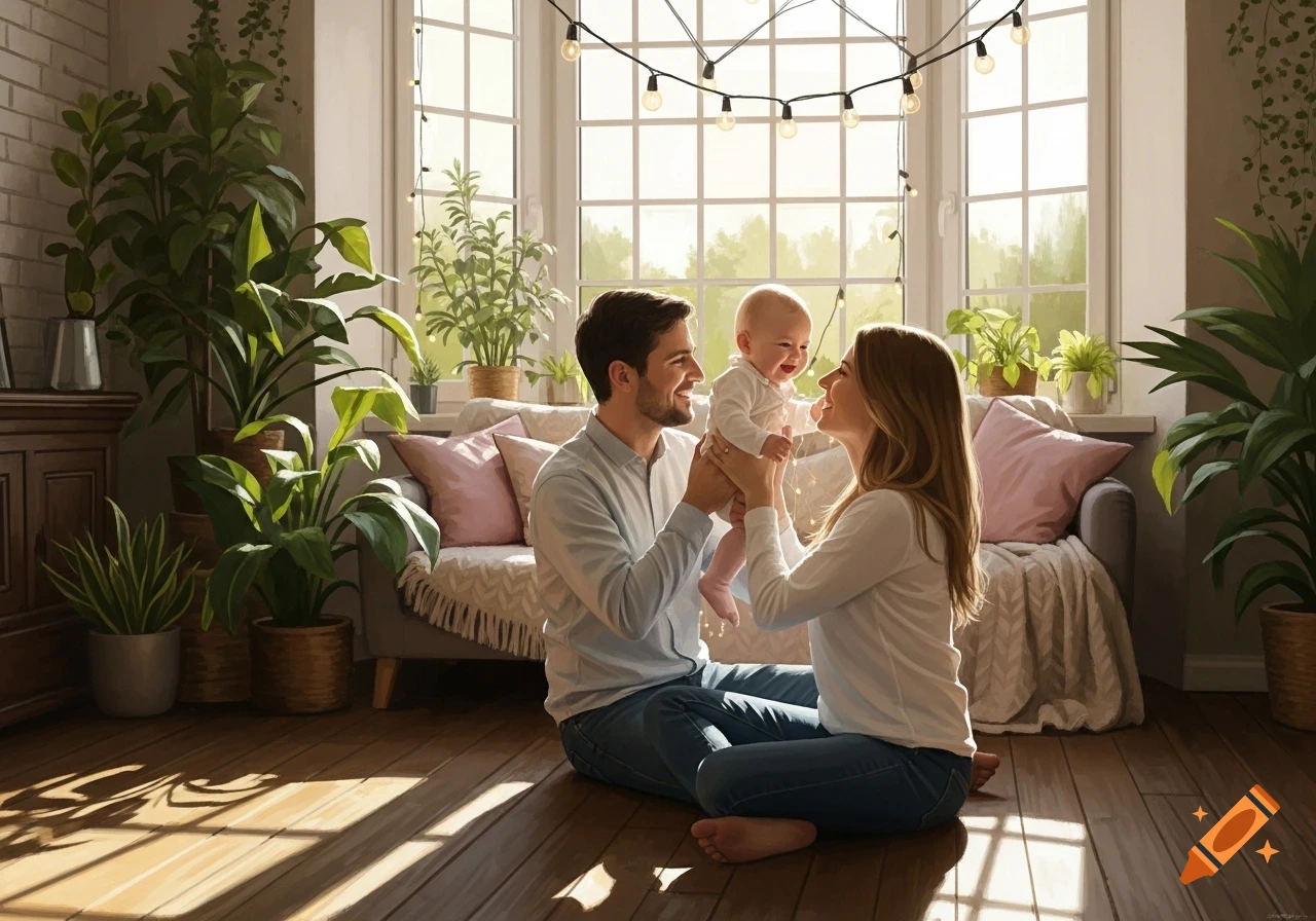 A smiling mother and father sitting on a wooden floor, holding and playing with their laughing baby in a sunlit living room with many plants.