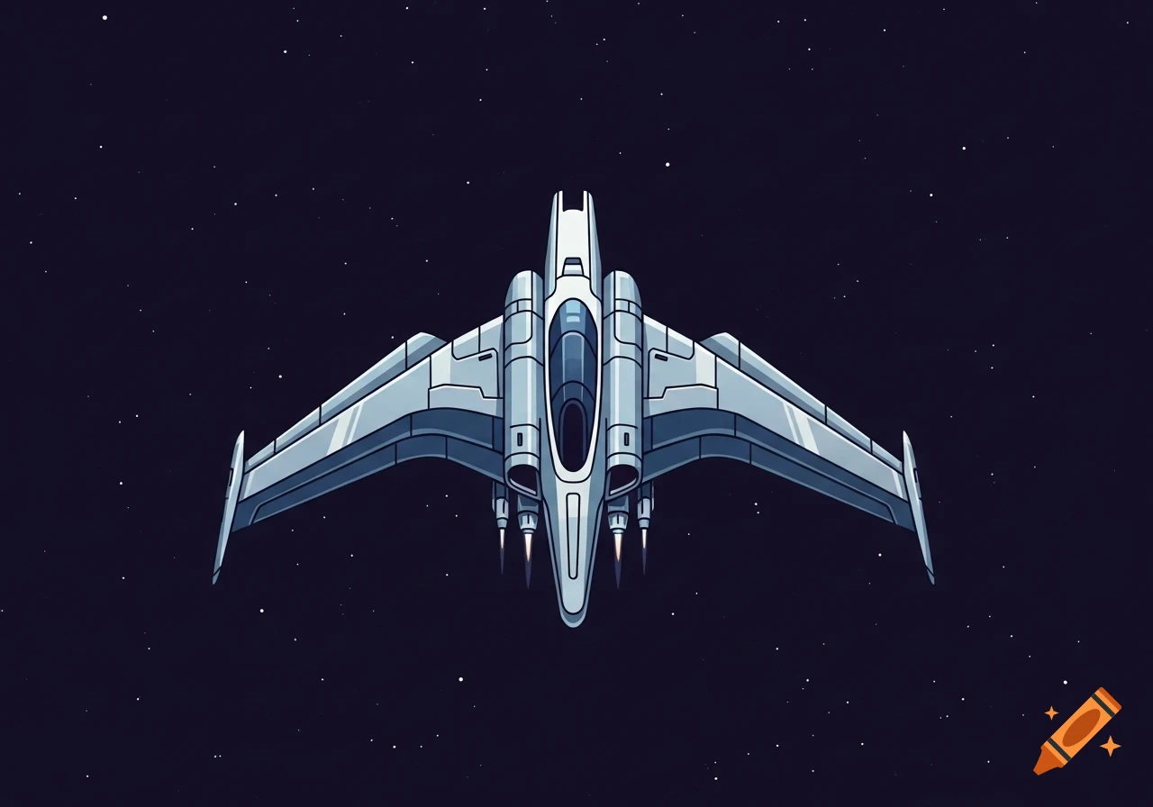 A top-down 2D cartoon illustration of a white and blue spaceship with spread wings flying through a dark starry space.